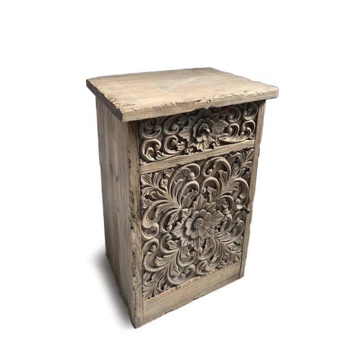 Hand Carved Recycled Teakwood Bedside Cabinet BSTA-0001 - Image 2